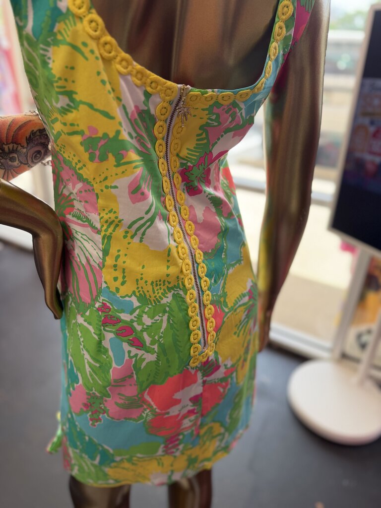 12 Lilly Pulitzer Delia Sless Shift Dress In Shorely Blue Big Flirt Floral Print Lace Trim Necklace