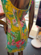 12 Lilly Pulitzer Delia Sless Shift Dress In Shorely Blue Big Flirt Floral Print Lace Trim Necklace