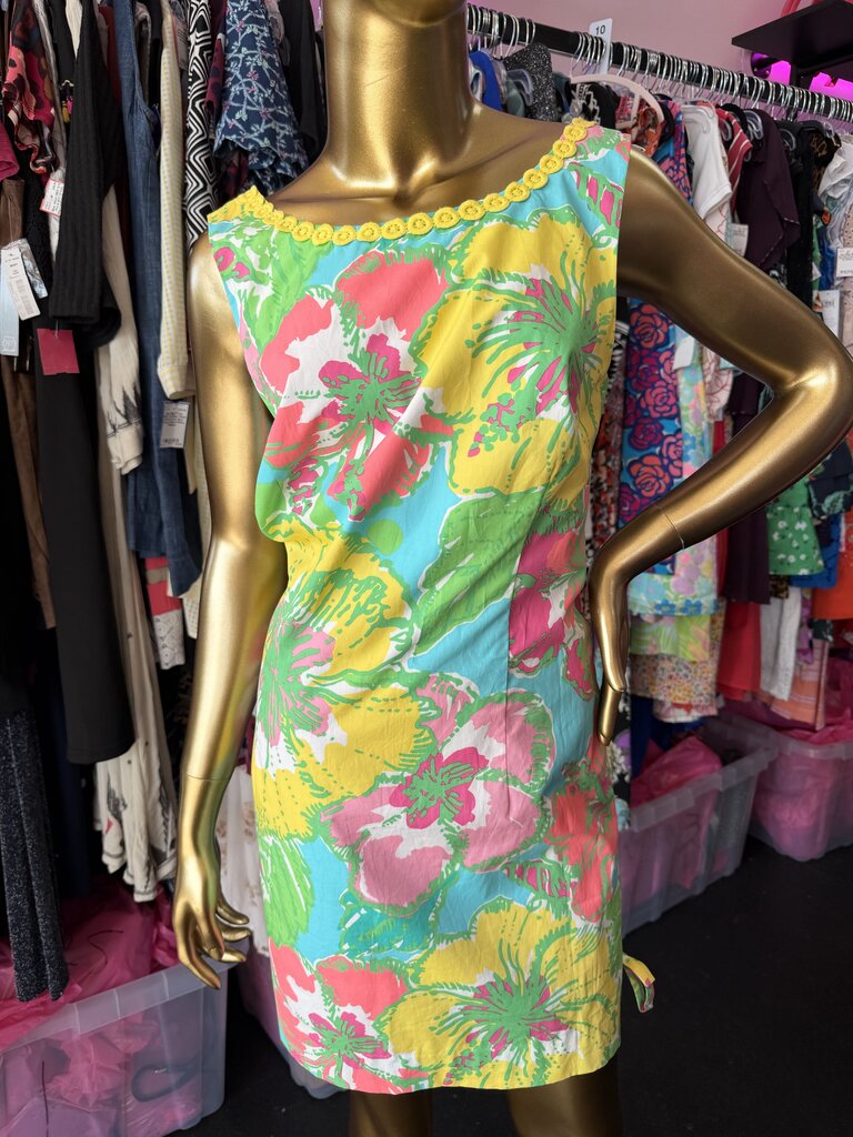 12 Lilly Pulitzer Delia Sless Shift Dress In Shorely Blue Big Flirt Floral Print Lace Trim Necklace