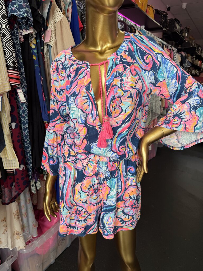 SM Lilly Pulitzer Del Lago Romper Tropical Print Tassel Neckline