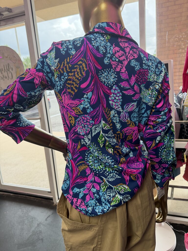 SM Lilly Pulitzer LS Marlena BF Vibrant Aegean Navy Calypso Coast Floral Print Top
