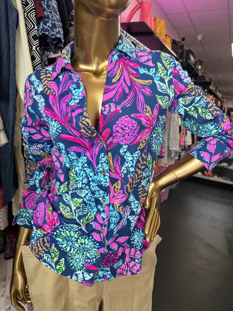 SM Lilly Pulitzer LS Marlena BF Vibrant Aegean Navy Calypso Coast Floral Print Top