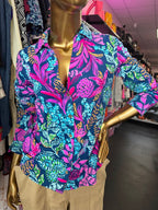 SM Lilly Pulitzer LS Marlena BF Vibrant Aegean Navy Calypso Coast Floral Print Top