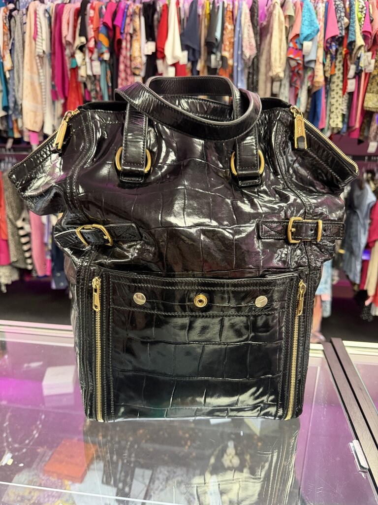 YSL Black Patent Croc-Embossed Tote Zip Close Dust Bag