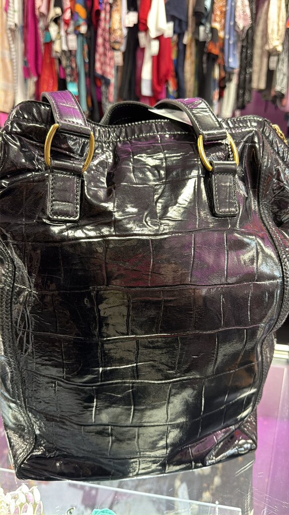 YSL Black Patent Croc-Embossed Tote Zip Close Dust Bag