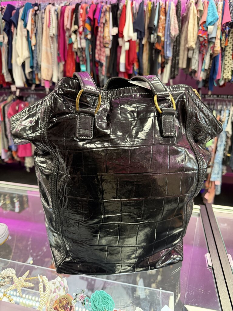 YSL Black Patent Croc-Embossed Tote Zip Close Dust Bag