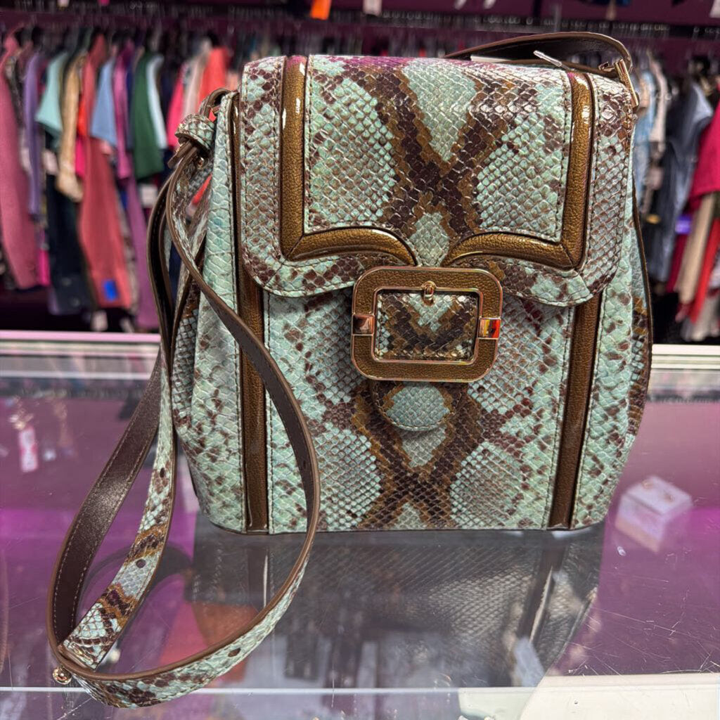 Brahmin Margo Turquoise Stone tecoma Leather Crossbody Reptile Embossed Print