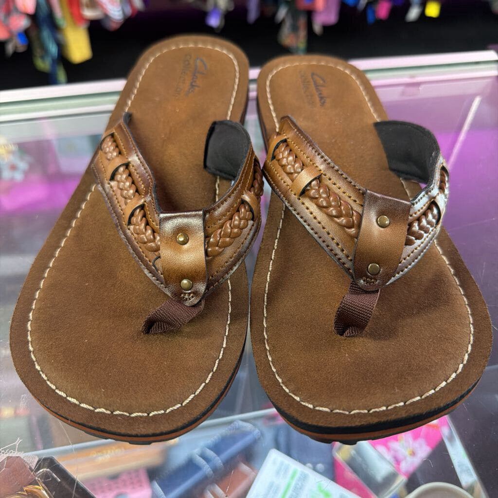 10 Clarks Fenner Nerice Flip Flop Honey Brown Colorway