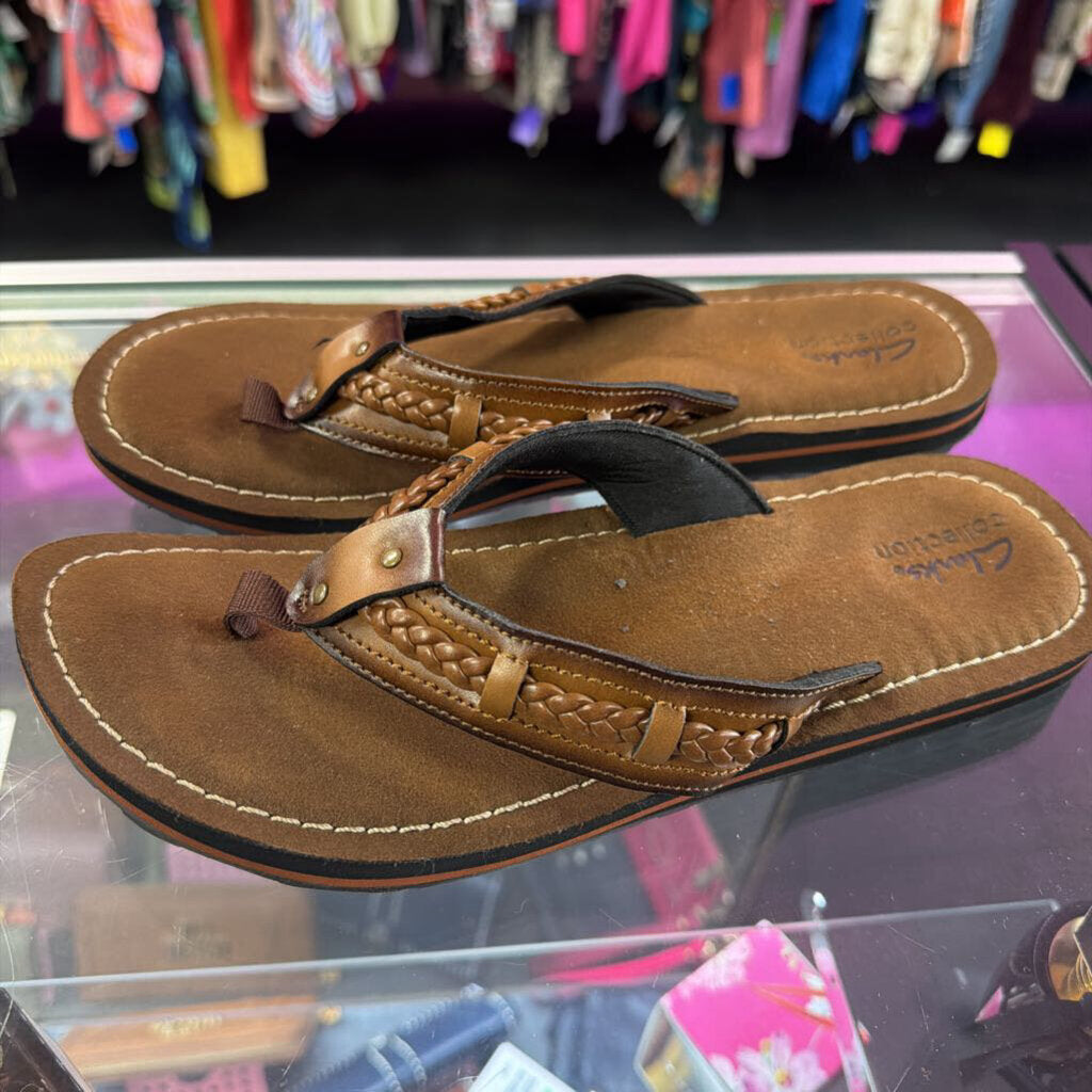 10 Clarks Fenner Nerice Flip Flop Honey Brown Colorway