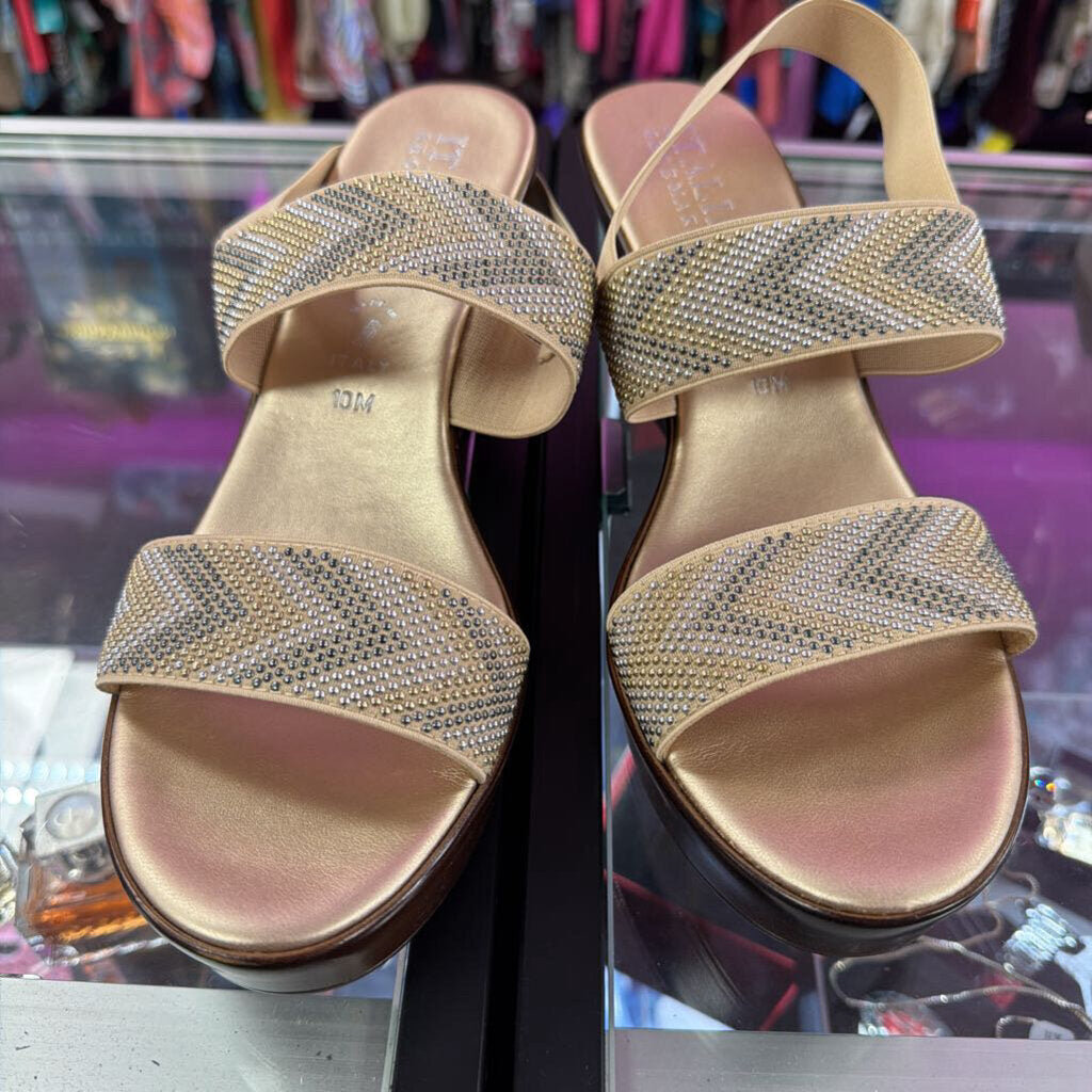 10M Italian Shoemaker Metallic Stud Strappy Elastic Slingback Heel