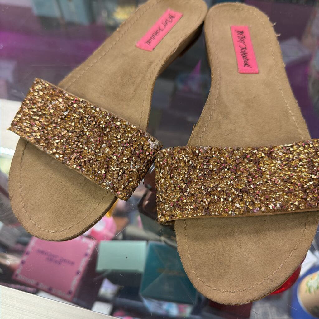 7.5 Betsey Johnson Sparkly Gold Glitter Slide Flat Slide on