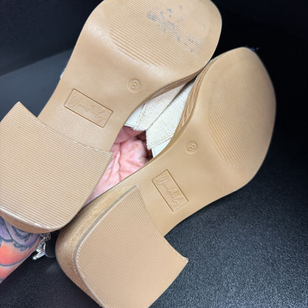 8 Wonderly Fabric Strap Peep Toe Wooden Block Heel