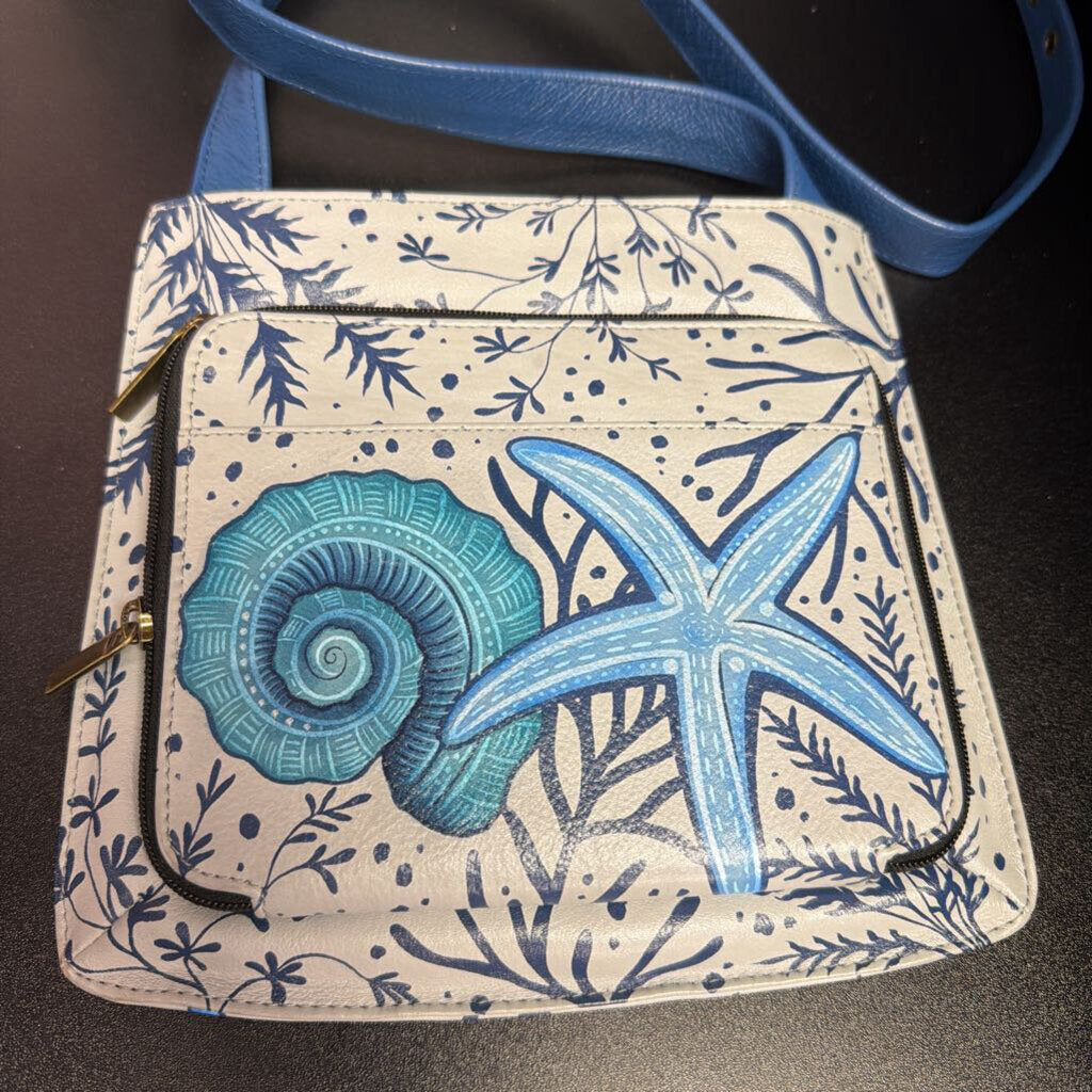 Anna by Anuschka Slim Shoulder Organizer In Sea Shells Print Hand-painted Coastal Design
