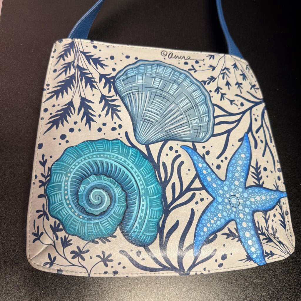 Anna by Anuschka Slim Shoulder Organizer In Sea Shells Print Hand-painted Coastal Design