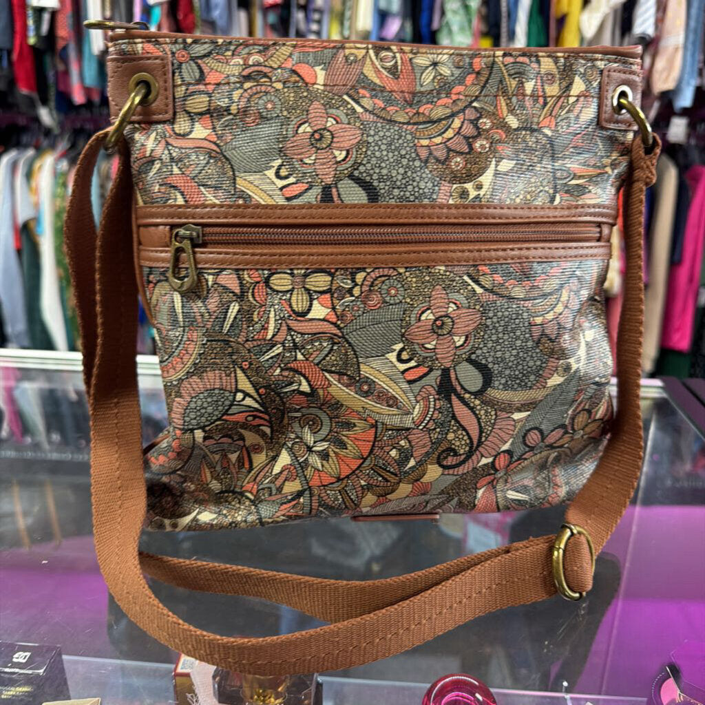 Sakroots Artist Circle Flat Crossbody Bag Floral Print Brown Coated Pockets