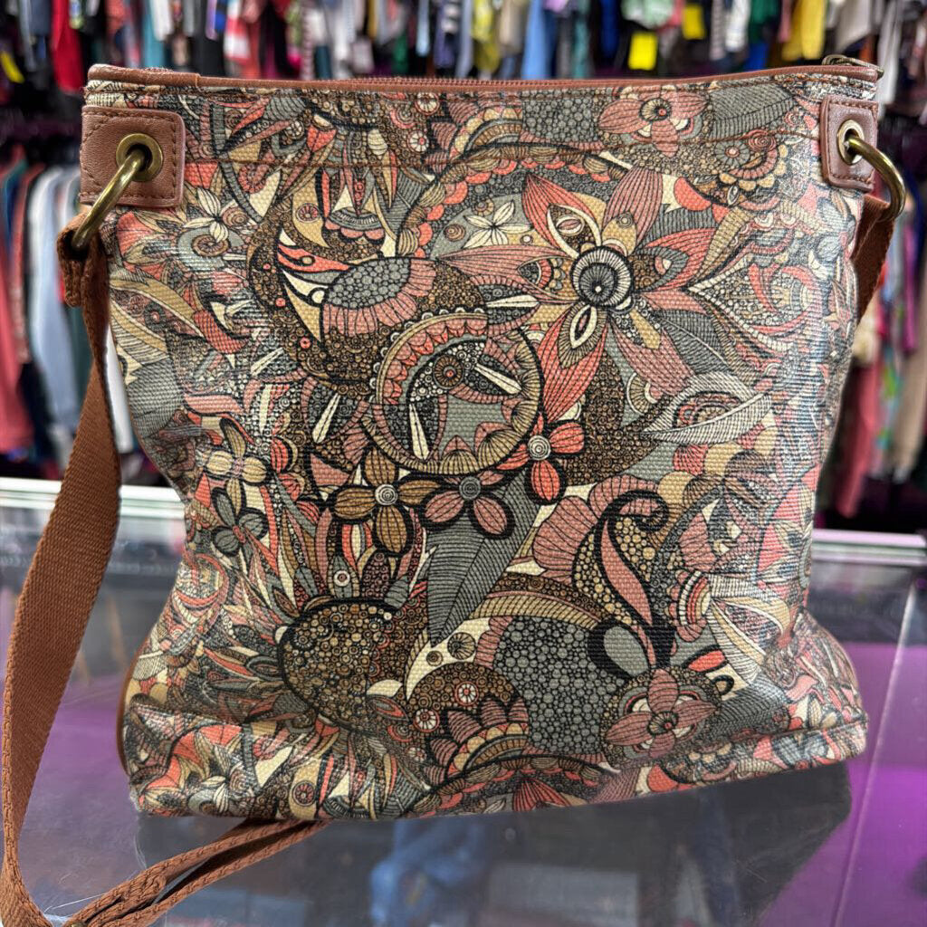 Sakroots Artist Circle Flat Crossbody Bag Floral Print Brown Coated Pockets