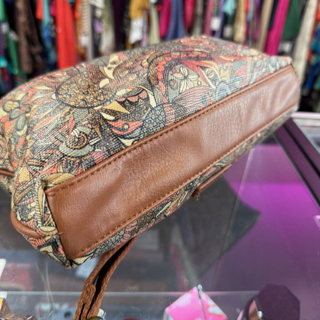 Sakroots Artist Circle Flat Crossbody Bag Floral Print Brown Coated Pockets