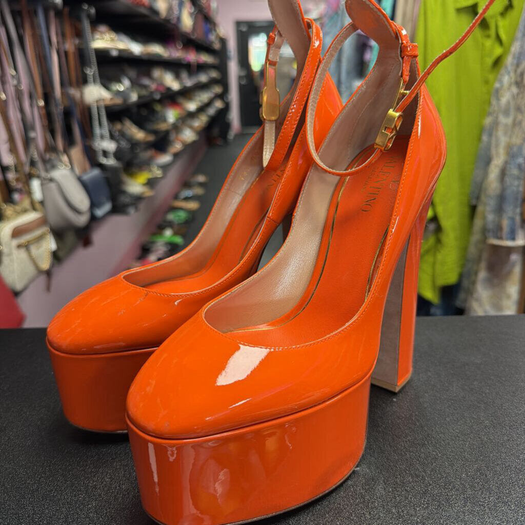36.5/6 Valentino Patent Ankle Strap High Block Heel