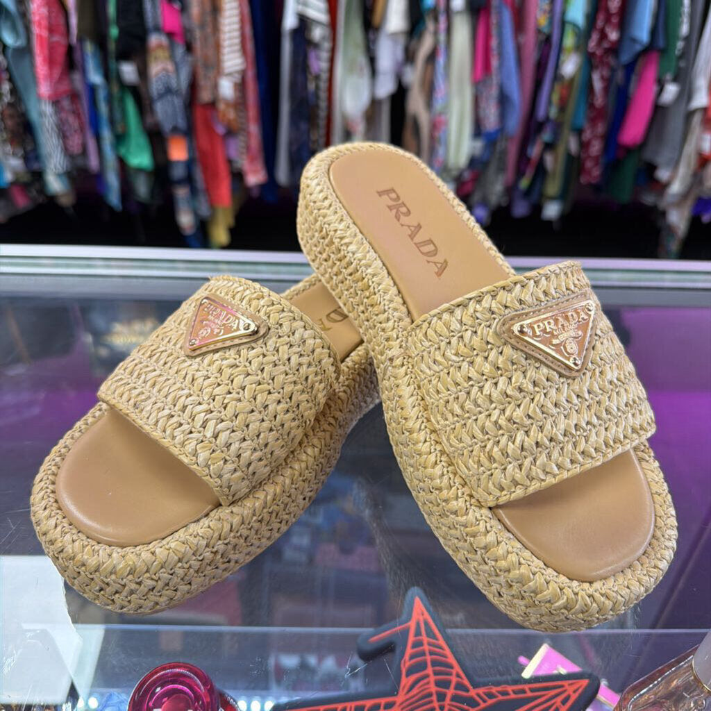 4.5/35 Prada Raffia Single Band Platform Triangle Logo Sandals Slides