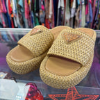 4.5/35 Prada Raffia Single Band Platform Triangle Logo Sandals Slides