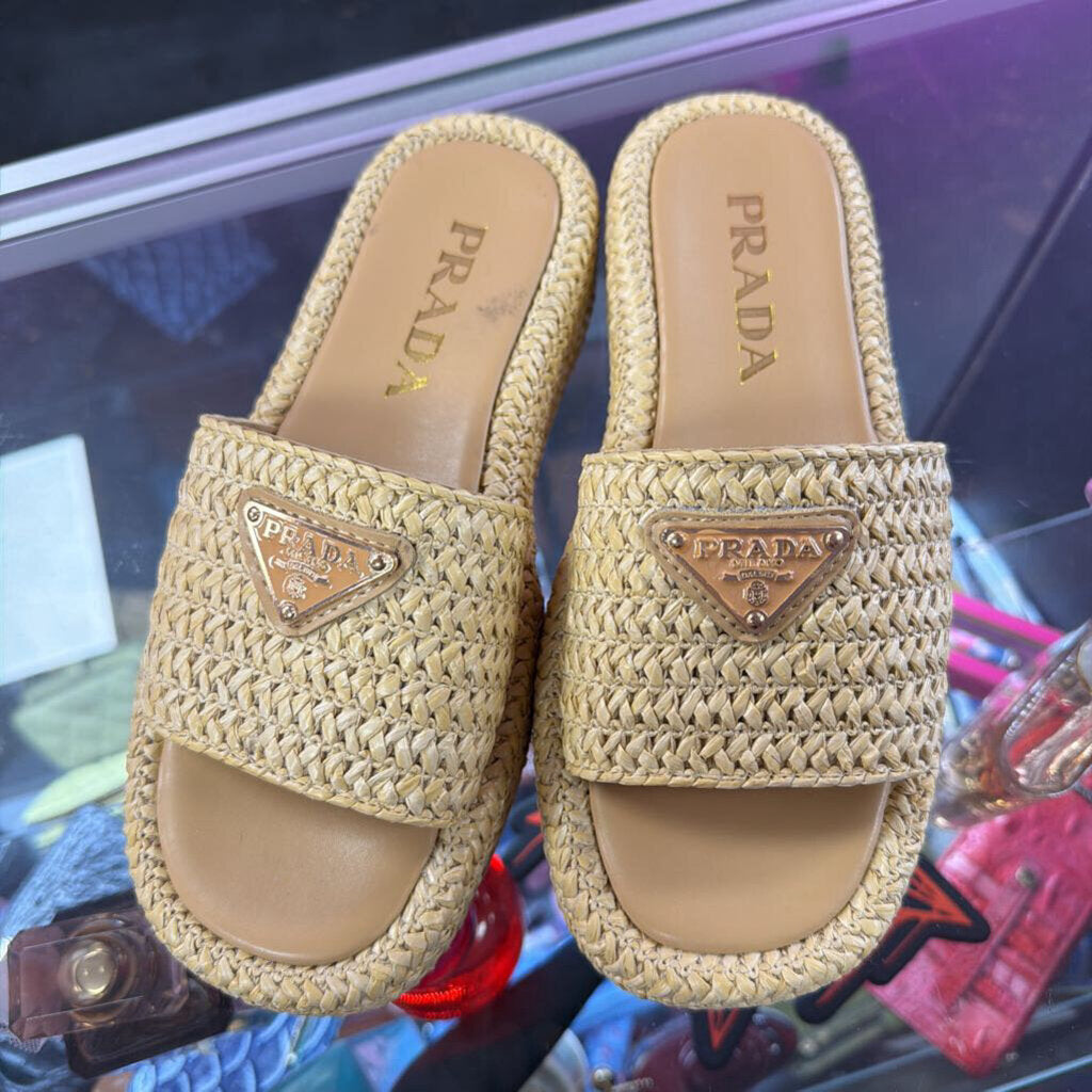 4.5/35 Prada Raffia Single Band Platform Triangle Logo Sandals Slides