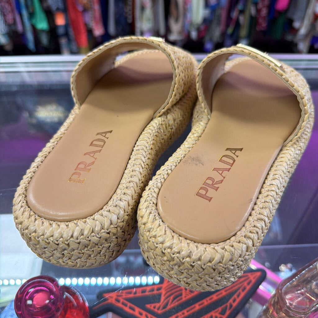 4.5/35 Prada Raffia Single Band Platform Triangle Logo Sandals Slides