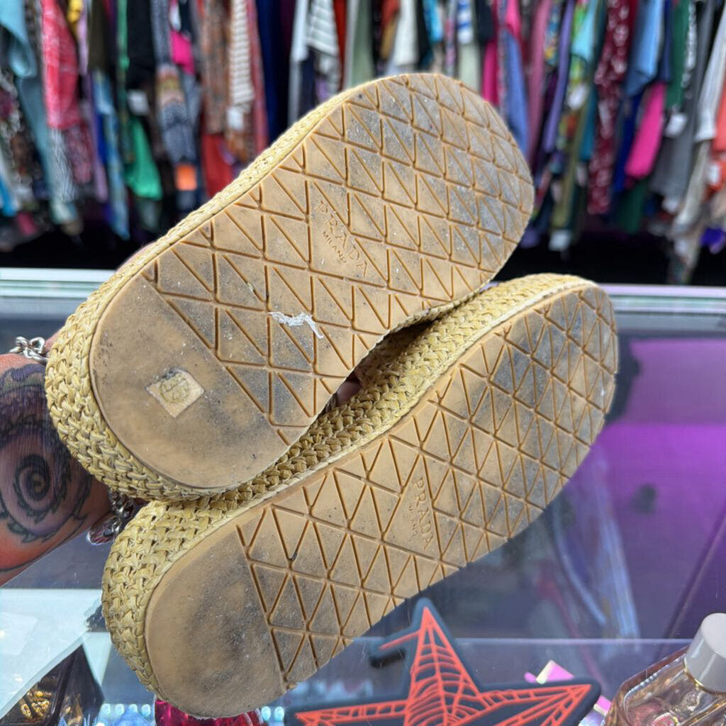 4.5/35 Prada Raffia Single Band Platform Triangle Logo Sandals Slides