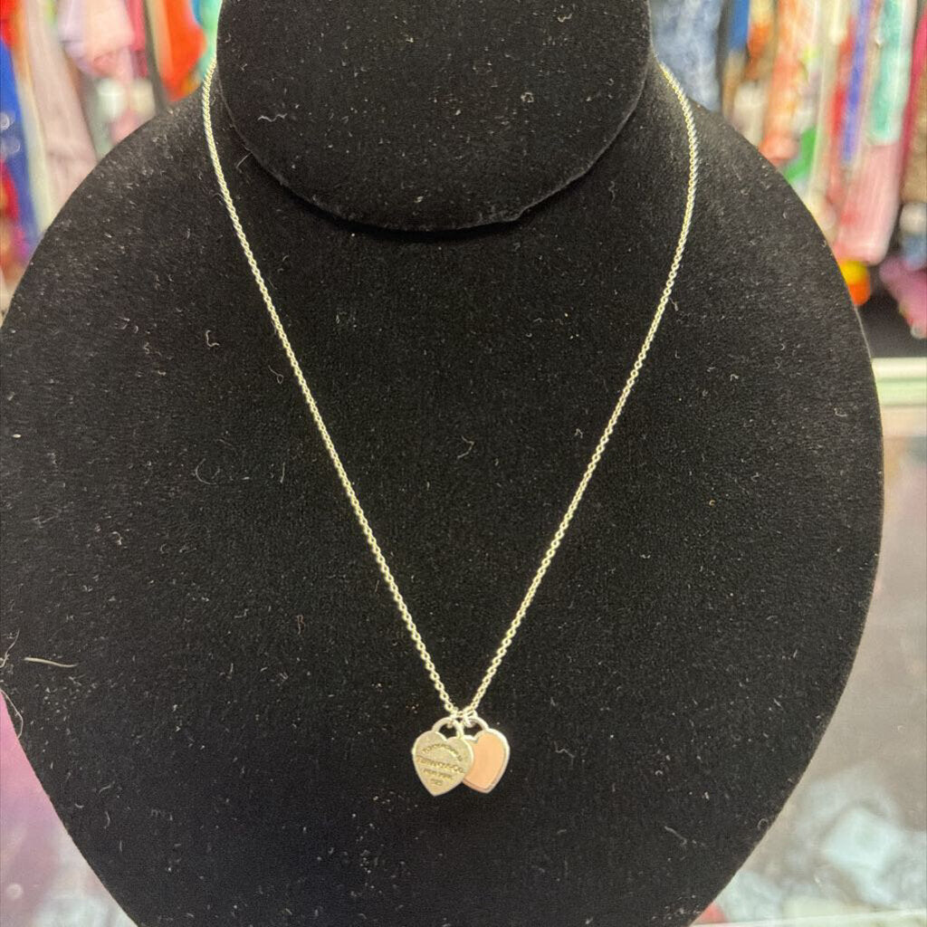 Tiffany & Co. Please Return Tiffany & Co Silver Pink Enamel Mini Double Heart Necklace 16.5"