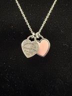 Tiffany & Co. Please Return Tiffany & Co Silver Pink Enamel Mini Double Heart Necklace 16.5"