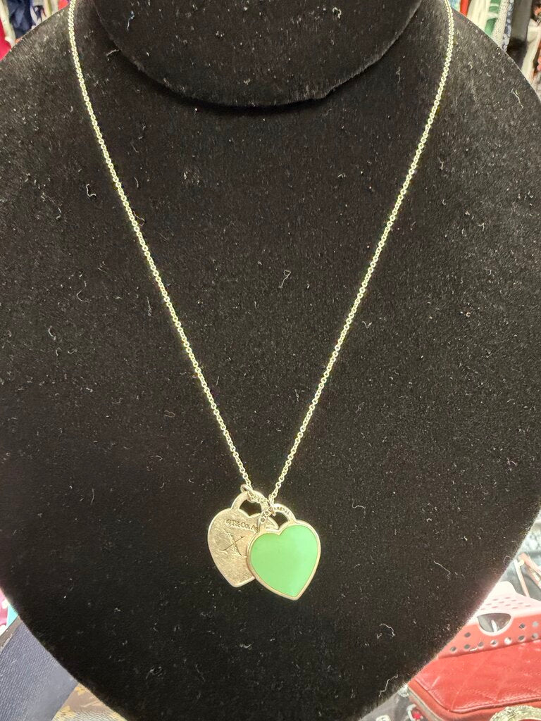 Tiffany And Co. Tiffany Teal Double Heart Tag Pendant 20"