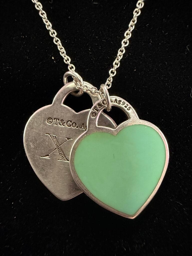 Tiffany And Co. Tiffany Teal Double Heart Tag Pendant 20"