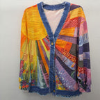 XL LS BF Patterned Denim Trim Cardigan