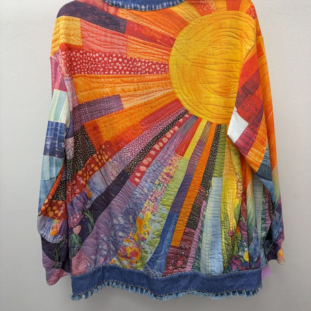XL LS BF Patterned Denim Trim Cardigan
