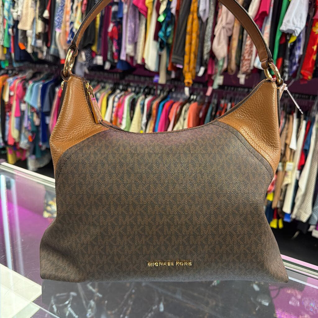 Michael Kors Aria Large Shoulder Bag Monogram Canvas Leather Trim