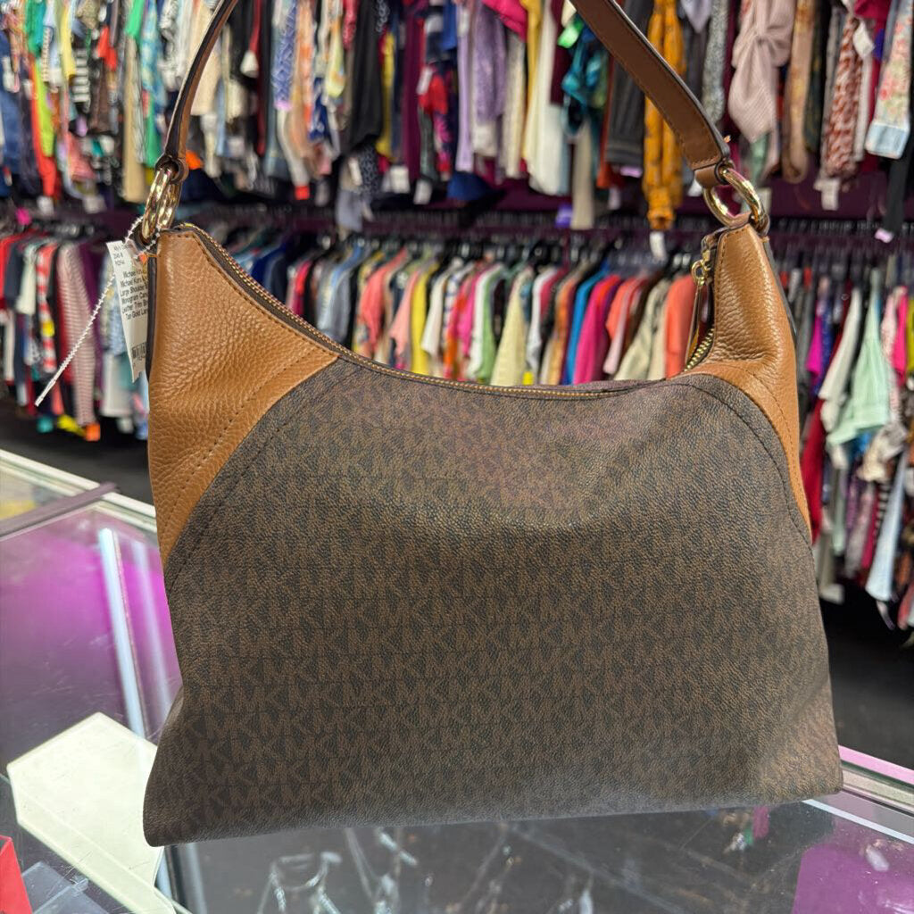 Michael Kors Aria Large Shoulder Bag Monogram Canvas Leather Trim