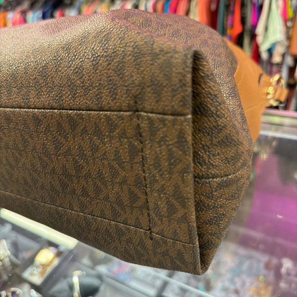 Michael Kors Aria Large Shoulder Bag Monogram Canvas Leather Trim