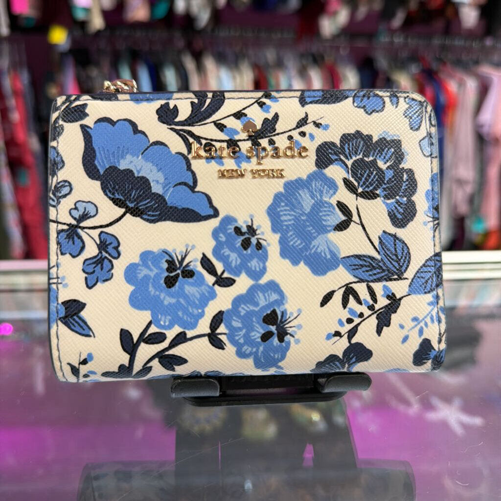 Kate Spade Madison Vase Floral Printed Med Blue White Bi-Fold Leather Wallet