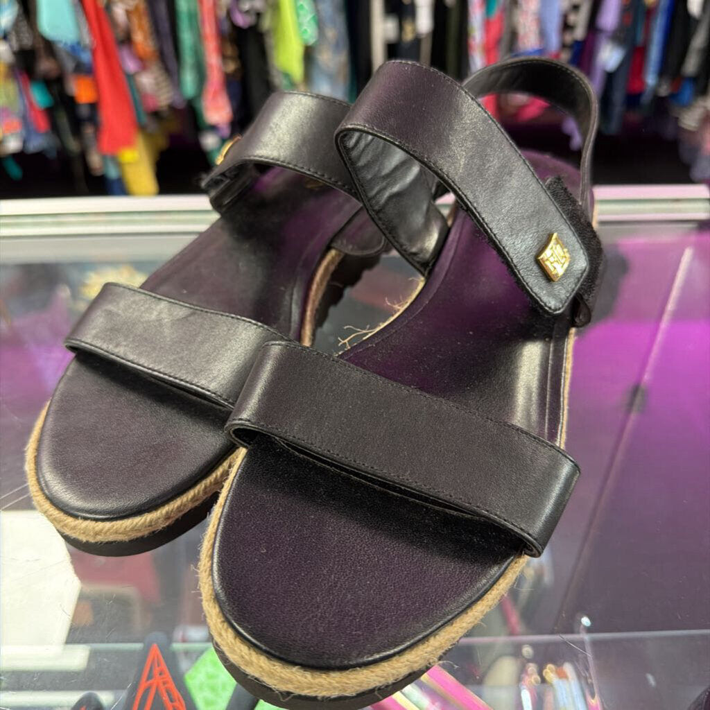 10 LRL Black Leather Espadrille Flat Ankle Strap Sandal