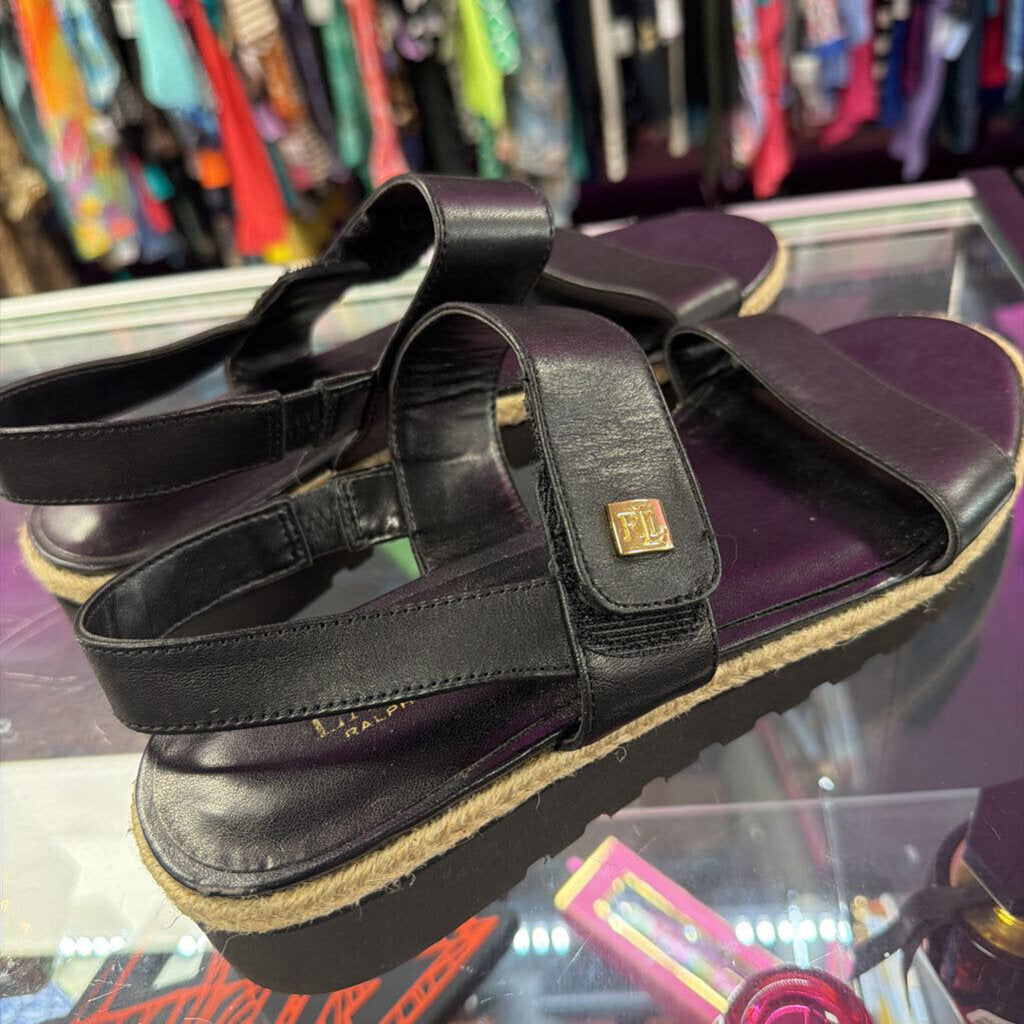 10 LRL Black Leather Espadrille Flat Ankle Strap Sandal