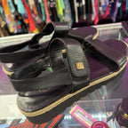 10 LRL Black Leather Espadrille Flat Ankle Strap Sandal