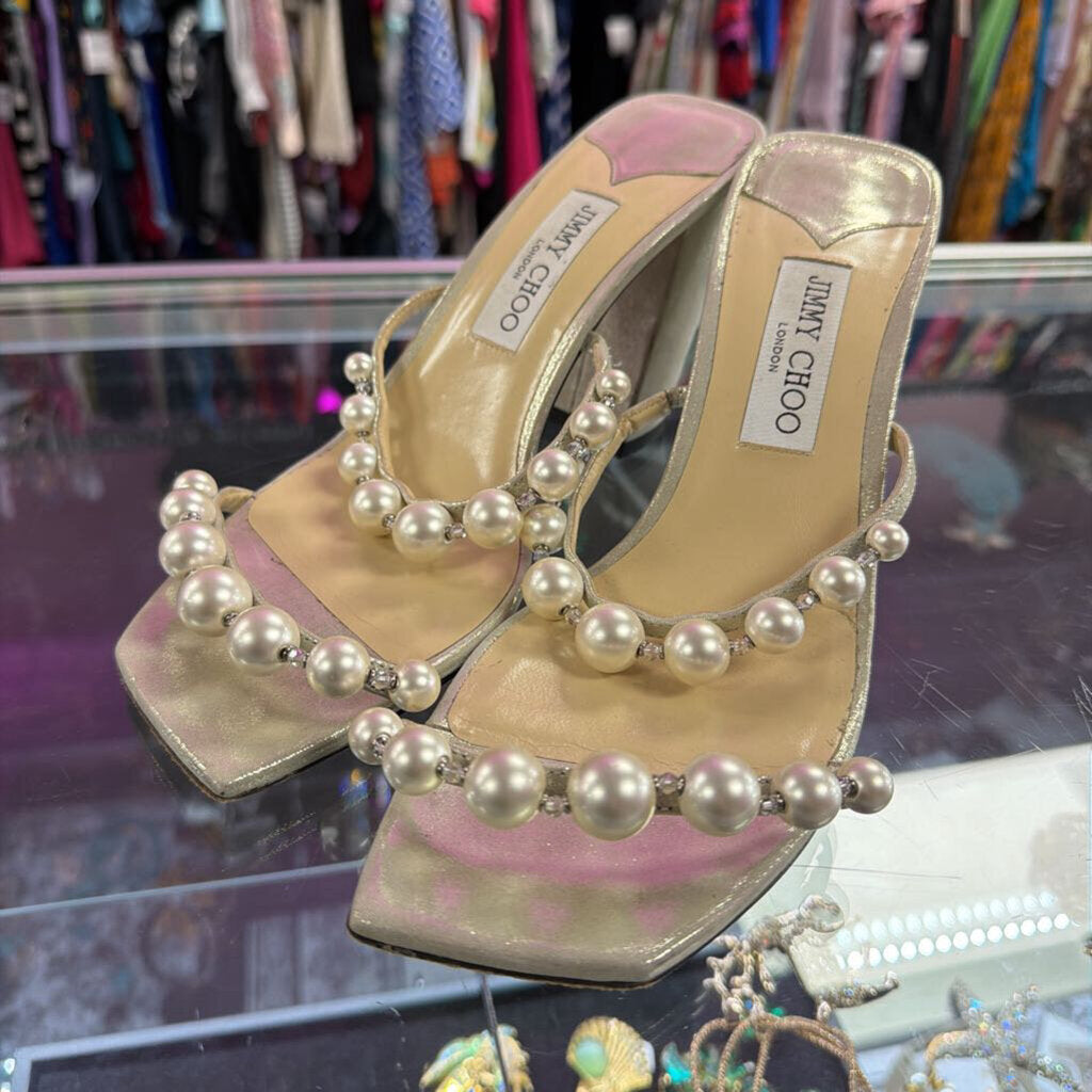 10.5/40.5 Jimmy Choo Amara 85 Faux Pearl-Embellished Metallic Suede Sandal