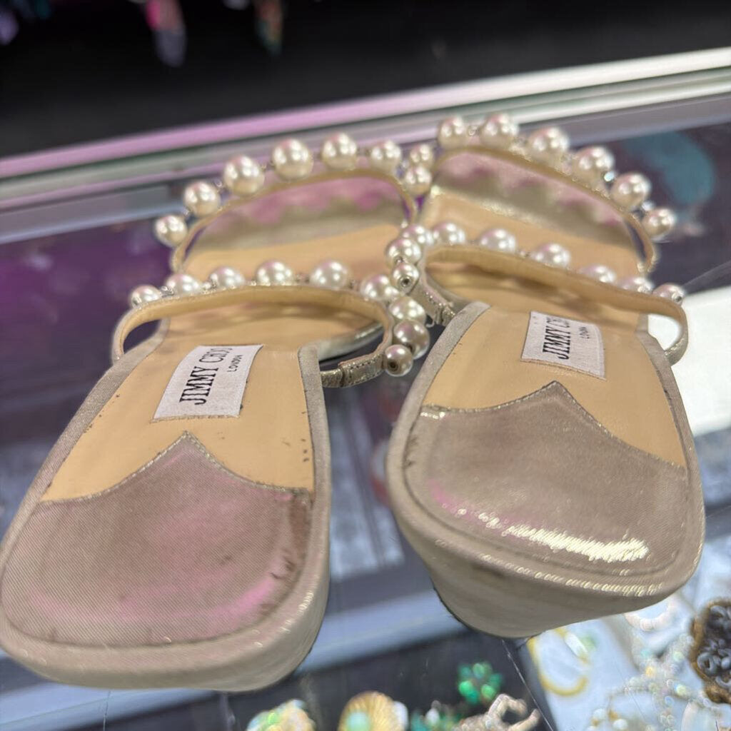 10.5/40.5 Jimmy Choo Amara 85 Faux Pearl-Embellished Metallic Suede Sandal