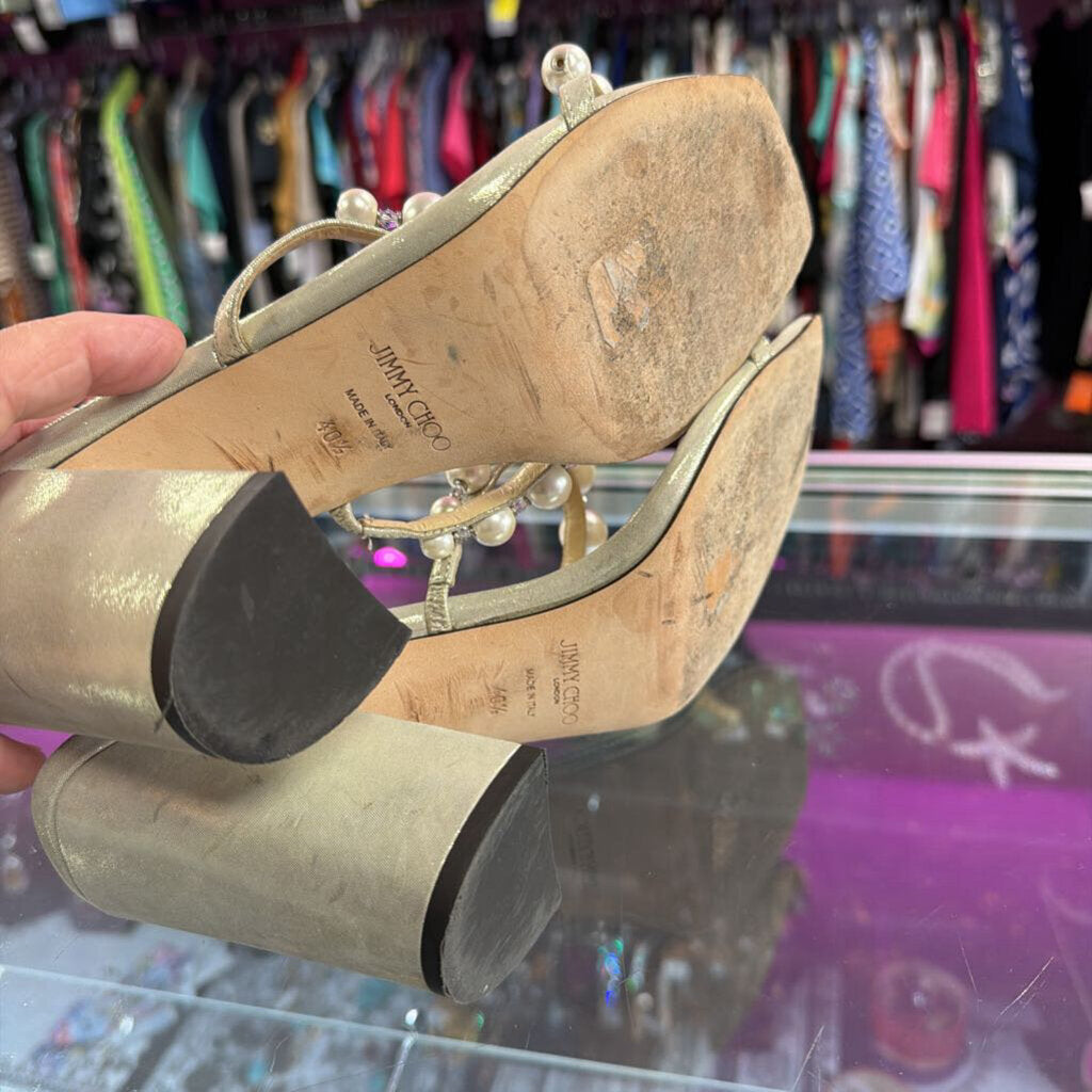 10.5/40.5 Jimmy Choo Amara 85 Faux Pearl-Embellished Metallic Suede Sandal
