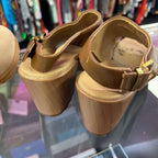 7m Dr scholls Leather Peep-Toe Ankle Strap Chunky Mule Heel