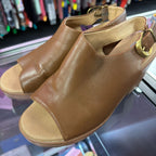 7m Dr scholls Leather Peep-Toe Ankle Strap Chunky Mule Heel