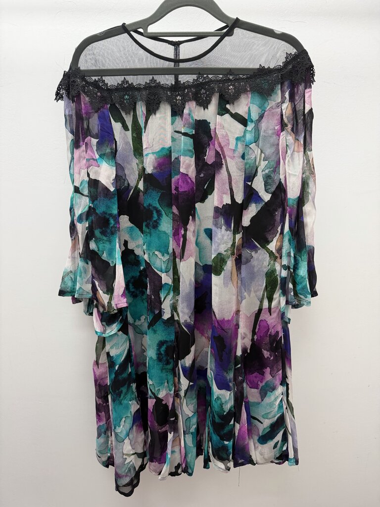 Sm Anthropologie Flutter Sleeve Water color Floral Dress Sheer Black Lace Yolk