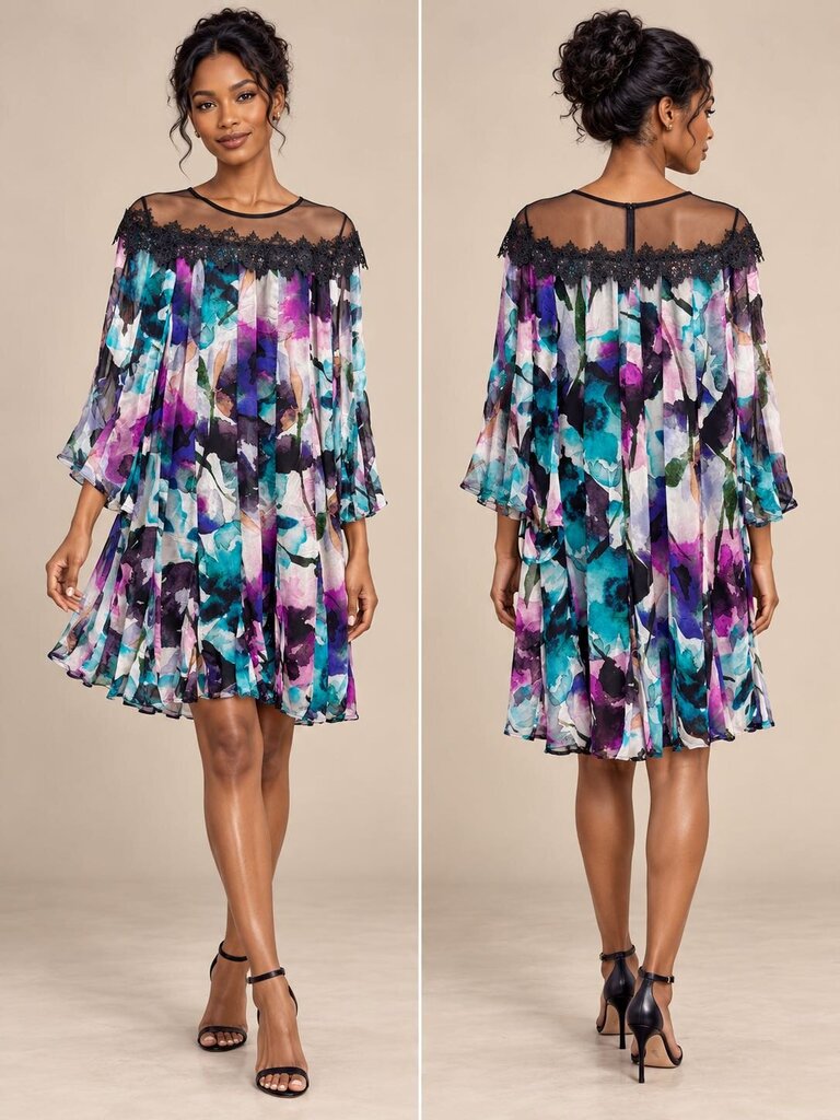 Sm Anthropologie Flutter Sleeve Water color Floral Dress Sheer Black Lace Yolk