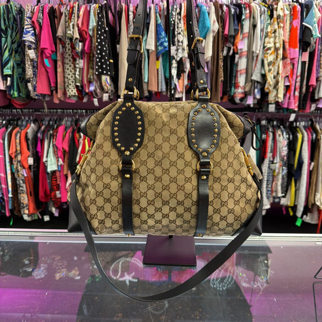 Gucci GG Supreme Tan Black Gold Studded Canvas Patti Tote Shoulder Handbag