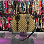 Gucci GG Supreme Tan Black Gold Studded Canvas Patti Tote Shoulder Handbag