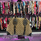 Gucci GG Supreme Tan Black Gold Studded Canvas Patti Tote Shoulder Handbag